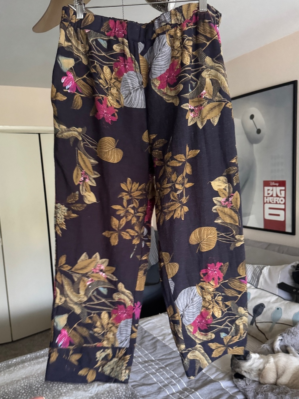 Women’s Floral Cropped Pants — Black with Gold & Pink Floral Print